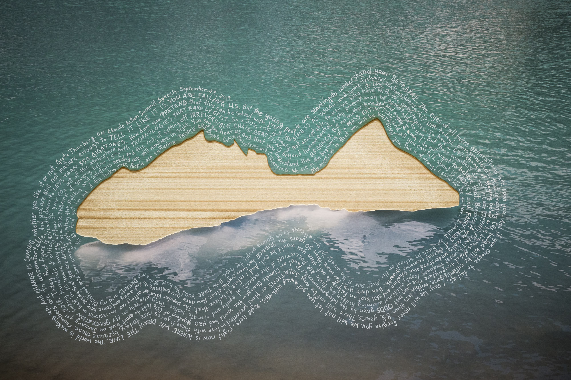 An open ocean with a mountainous shape cut out of the middle, white handwritten text surrounds the mountain